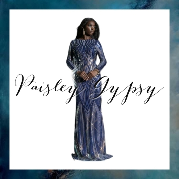 Sophisticated Long Sleeve High Neckline Sequin Formal Gown - Picture 7 of 13